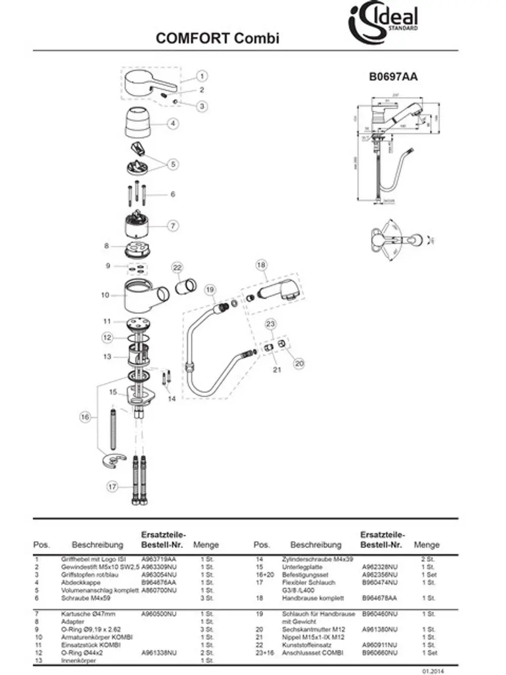 Explosionszeichnung eines Ideal Standard Komfort Combi-Produkts. Enthält verschiedene Bauteile wie Griffhebel, Adapter, und Handbrause. Teilnummern und Bestellinformationen sind angegeben.